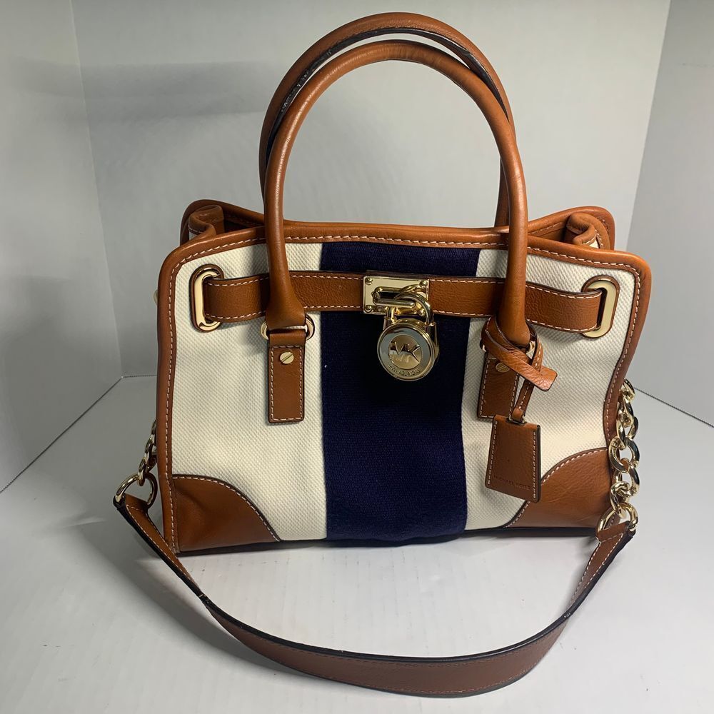 Michael Kors Hamilton Satchel Navy and Cream Stripe Canvas/Leather Shoulder Bag - Picture 2 of 16